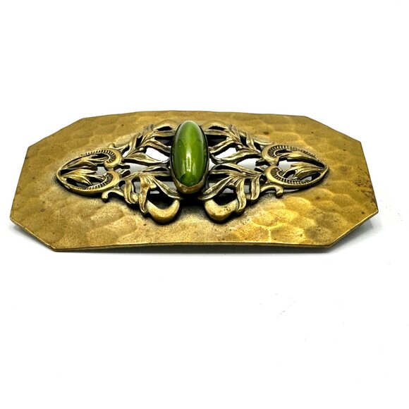 XL Art Nouveau Brass Brooch with Green Foil-Back Glass Stone — EUC - Picture 6 of 9